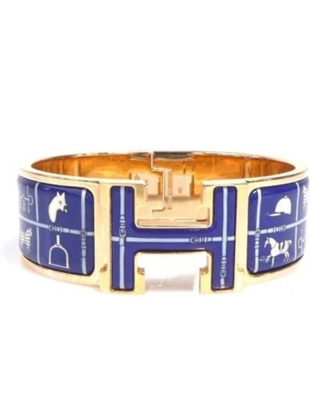 Auth HERMES Clic Clac H Bangle Bracelet Gold/Blue/Off White Metal -e61067a